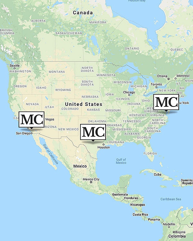 Alt text: Map of the United States showing locations of Mexico City and Montreal, Canada