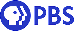 PBS logo - stylized human head profile silhouette in white on blue circular background with 