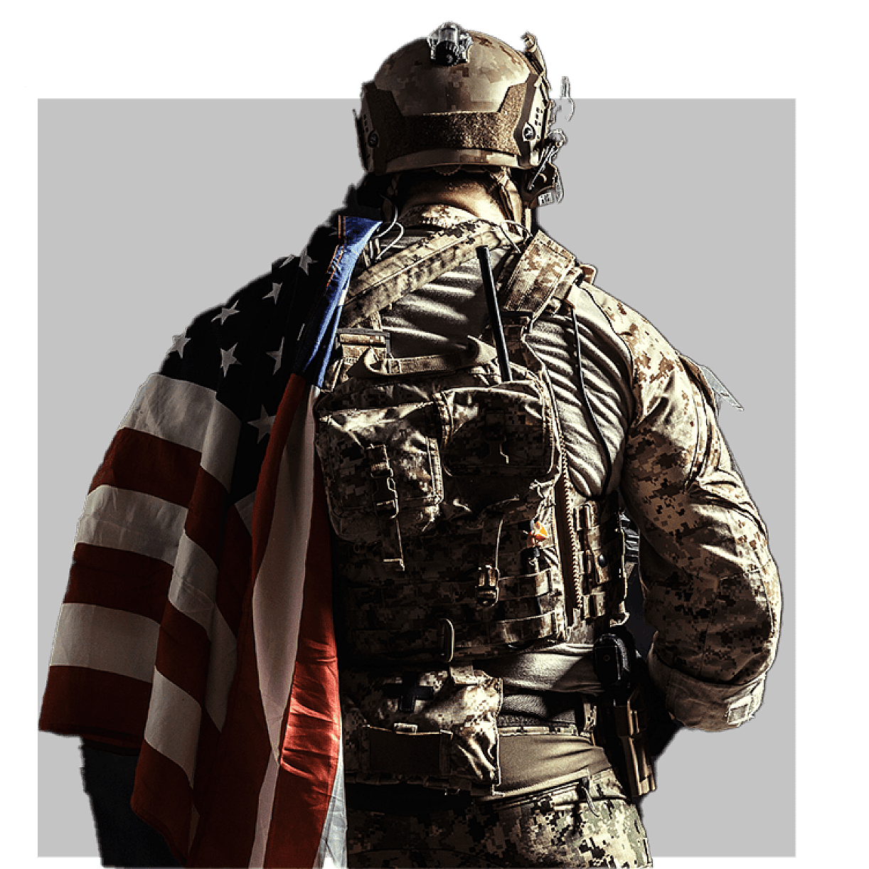 Military soldier in combat gear with American flag, facing away, on gray background - 88 characters